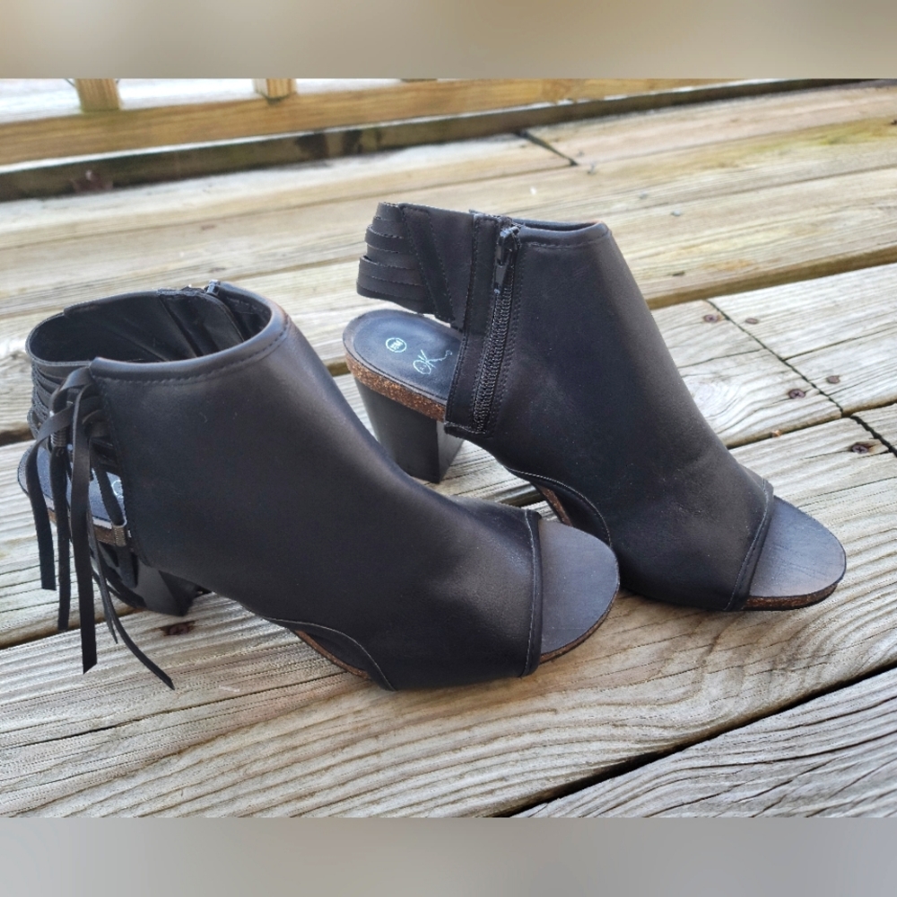 Black & Cork Booties, Open Toe, Cut Out/2" Heel, Size 10M, Faux Leather fringe